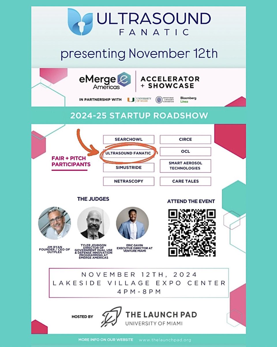 POCUSfanatic's tweet photo. Thrilled to announce that Ultrasound Fanatic has been selected to pitch at the @eMergeAmericas Roadshow with @TheLaunchPad. Excited to showcase our ultrasound simulation app and the innovative ways we’re transforming ultrasound education. Stay tuned for what’s ahead! 
#ultrasoundsimulation #ultrasoundeducation #emergeamericas #pocus #ultrasoundfanatic