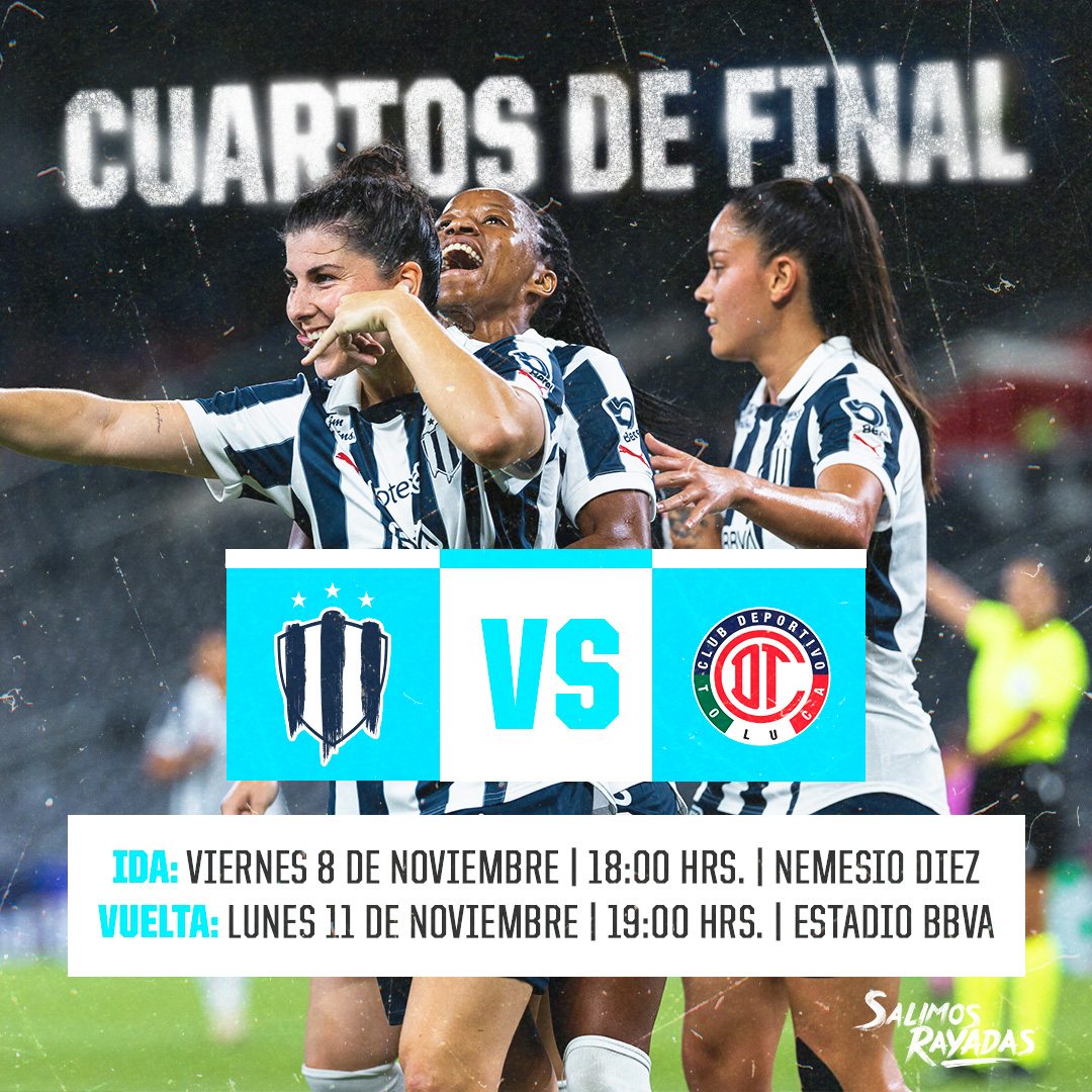 ¡LISTOS LOS DÍAS Y HORARIOS PARA CUARTOS DE FINAL! 👊🏼⚽️

Ida: Viernes 8 de noviembre | 18:00 hrs. | 🏟️ Nemesio Diez
Vuelta: Lunes 11 de noviembre | 19:00 hrs. | 🏟️ BBVA

¡El Monterrey y su gente por el título! 🔵⚪