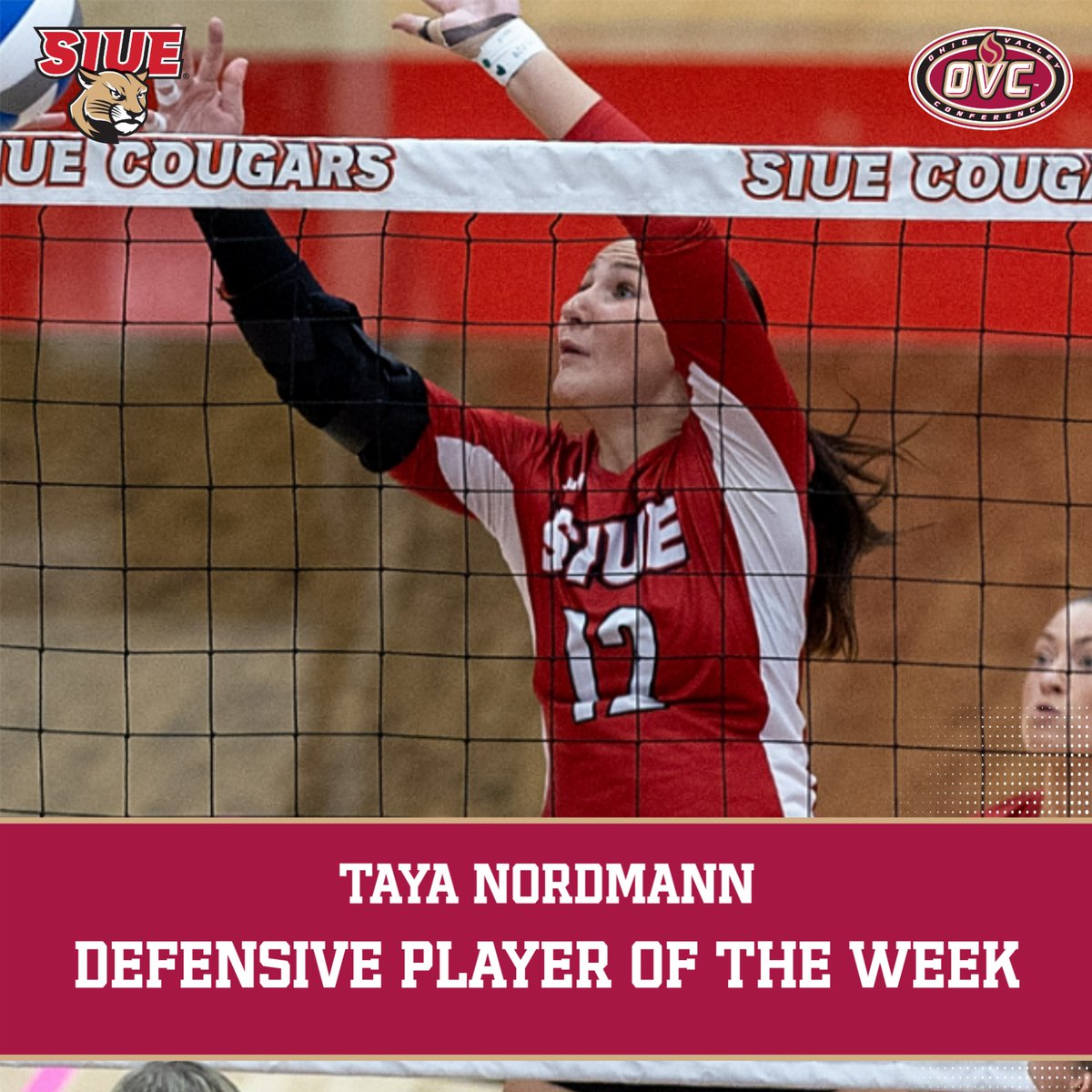 𝗢𝗩𝗖 𝗩𝗼𝗹𝗹𝗲𝘆𝗯𝗮𝗹𝗹 🏐 𝗗𝗲𝗳𝗲𝗻𝘀𝗶𝘃𝗲 𝗣𝗹𝗮𝘆𝗲𝗿 𝗼𝗳 𝘁𝗵𝗲 𝗪𝗲𝗲𝗸
<a href="/SIUEVolleyball/">SIUE Volleyball</a> Freshman Taya Nordmann

• Totaled 21 Blocks, averaging 2.10 blocks/set and six digs; Recorded single-game high 14 blocks.

bit.ly/3AsH6wY | #RollCougs