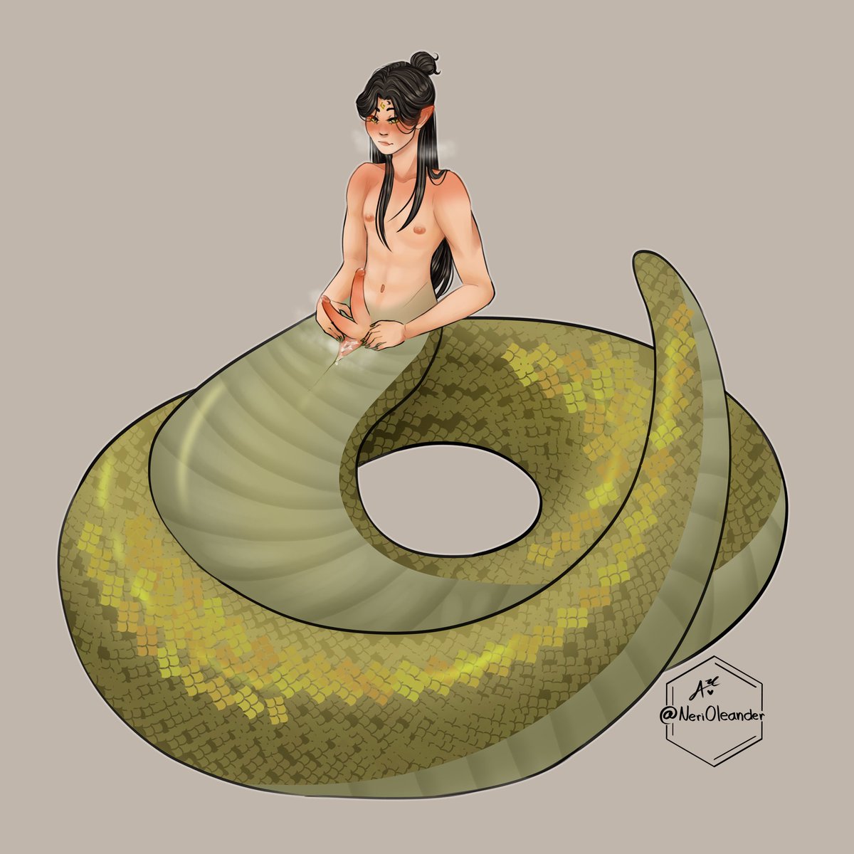 POV: it’s snake mating season and your lamia shizun is acting weird… 
I made this for the Monsterfucking day 1 of <a href="/filthyshizuns/">Filthy Shizun Week</a> and could only post it now, hope ya’ll enjoy still 💚💚 

Cw: nudity, non-human genitalia, boypussy (kinda)
