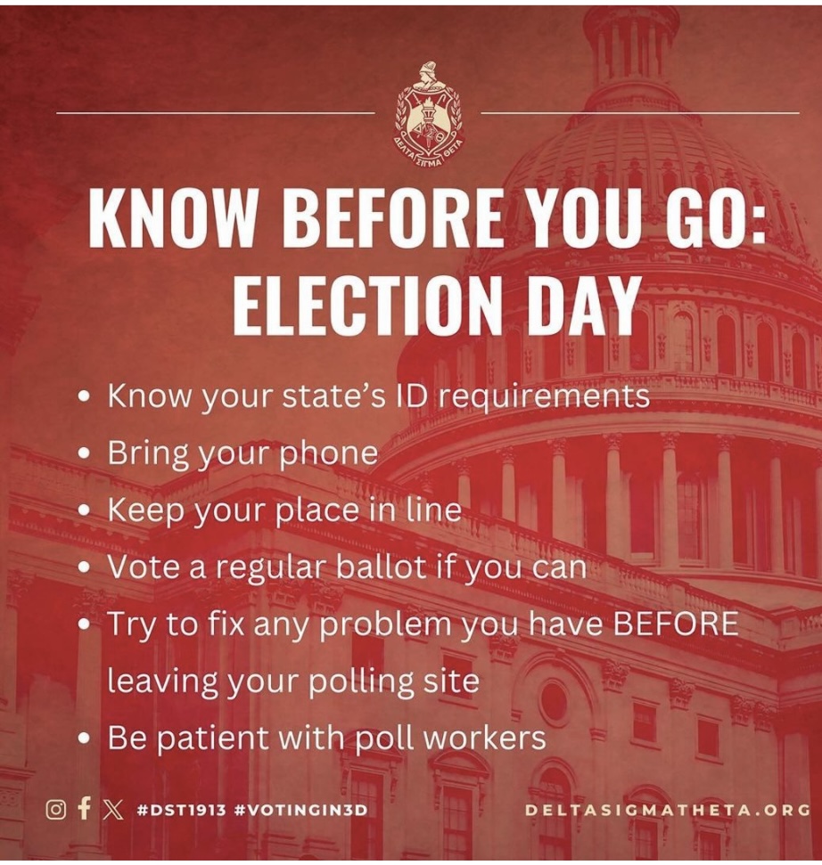 RichmondAlumDST's tweet photo. #Repost @dstinc1913 - It's the eve of Election Day...but our work still continues! While many have voted early, keep these tips in mind if you are heading to cast your vote tomorrow, November 5, 2024. Report ANYTHING to election officials that doesn’t seem right to 1-866-OUR-VOTE https://t.co/KfIn5CYUCN