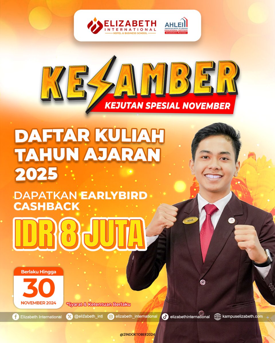 Elizabeth_Intl's tweet photo. Nikmati promo spektakuler untuk biaya kuliah dan rasakan pengalaman belajar di salah satu Kampus Perhotelan dan Bisnis terbaik di Indonesia!

Yuk cari tahu informasi lengkap tentang Promo Kesamber!

#promonovember #kesamber #promokuliah https://t.co/xeYcdZHezK