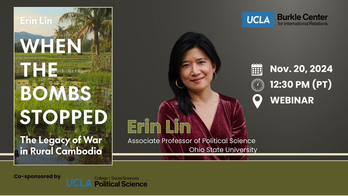 UCLA Burkle Center (@burklecenter) on Twitter photo Nov 20, 12:30 pm PT: Unexploded munitions of the US bombing campaign in Cambodia continue to harm rural Cambodians. Prof. Erin Lin <a href="/osupolisci/">OSU Polisci</a> explores this abhorrent legacy of the Vietnam War. Reg: international.ucla.edu/burkle/event/1…
<a href="/polisciucla/">UCLA Poli Sci</a> <a href="/UCLAINTL/">UCLA International Institute</a> Nov 20, 12:30 pm PT: Unexploded munitions of the US bombing campaign in Cambodia continue to harm rural Cambodians. Prof. Erin Lin <a href="/osupolisci/">OSU Polisci</a> explores this abhorrent legacy of the Vietnam War. Reg: international.ucla.edu/burkle/event/1…
<a href="/polisciucla/">UCLA Poli Sci</a> <a href="/UCLAINTL/">UCLA International Institute</a>