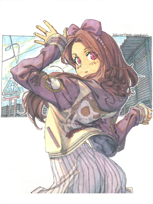 【アナログ2204:ツバサのレース観戦】昔よりずっと明るい表情になりました。相変わらず服はタカシのチョイス。万年筆なので線が細いです。#水彩 #原画 #色紙 #万年筆 