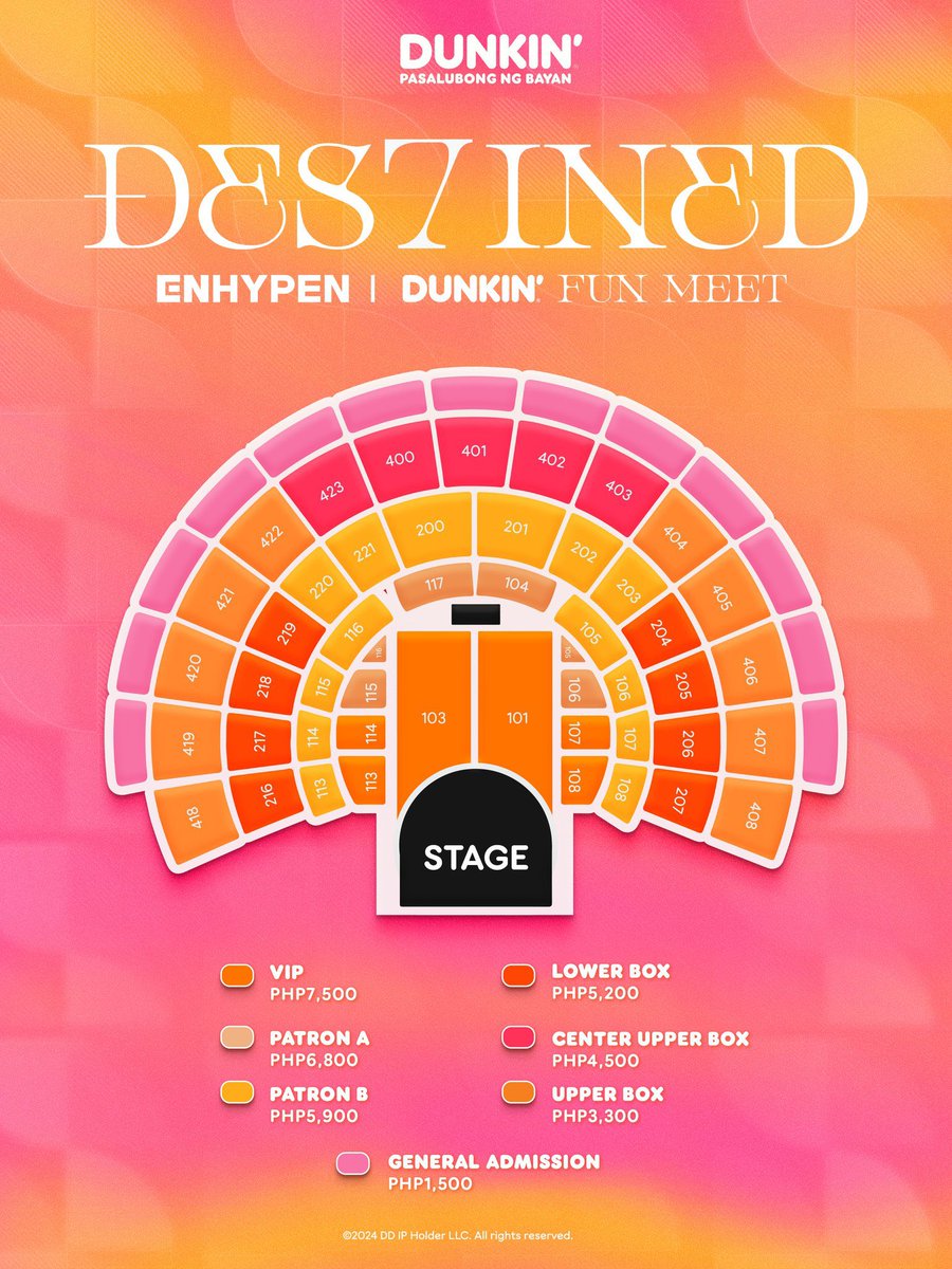 philconcerts's tweet photo. ENGENEs, your DES7INY to meet ENHYPEN awaits!

Seat plan and ticket prices for the #DES7INED_ENHYPEN_with_DUNKIN are here! 

SELLING Starts 10AM, November 22, 2024 Friday via https://t.co/c80wJHqTV1.

@dunkinph https://t.co/do6ScrtLUq