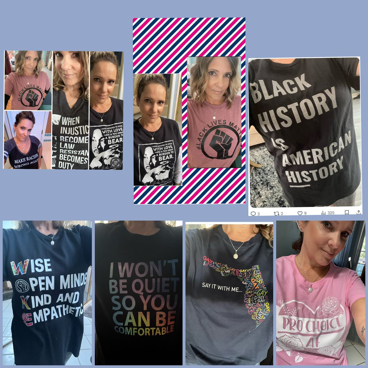 My shirt collection.  Love wearing my shirts that trigger people.  🤷‍♀️