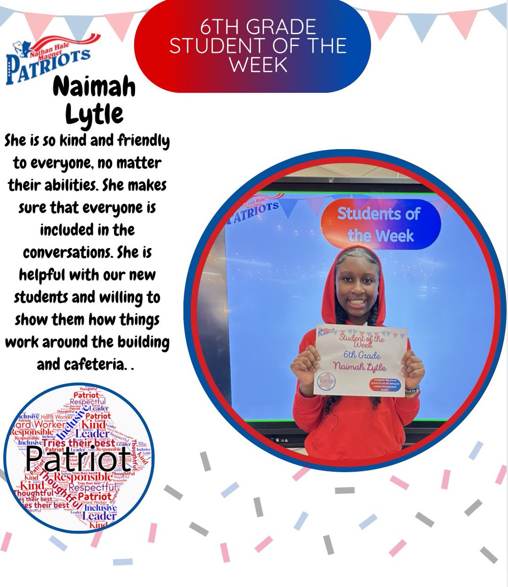 Our impressive students of the week (a little late sorry!) 
8th- Tim Lopez
7th- Shavondria Warren 
6th- Naimah Lytle 
Keep up the great work!
Go Patriots❤️💙