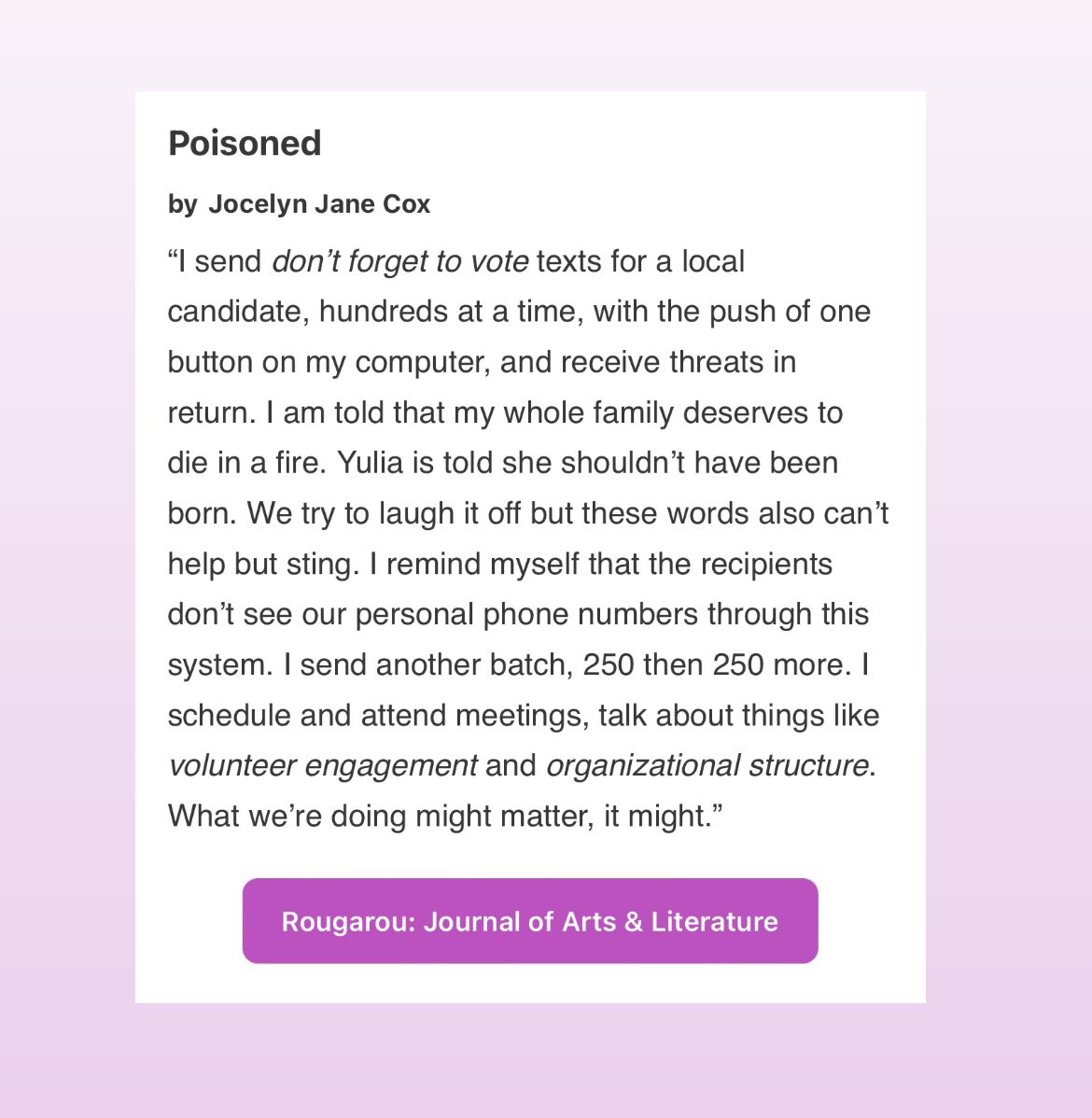 jocelynjanecox's tweet image. Honored to have this timely 😬 essay about bees, politics, and parenting amid fear on the Memoir Monday list. Thx @saribotton. This originally appeared on @RougarouJournal 
open.substack.com/pub/memoirland…