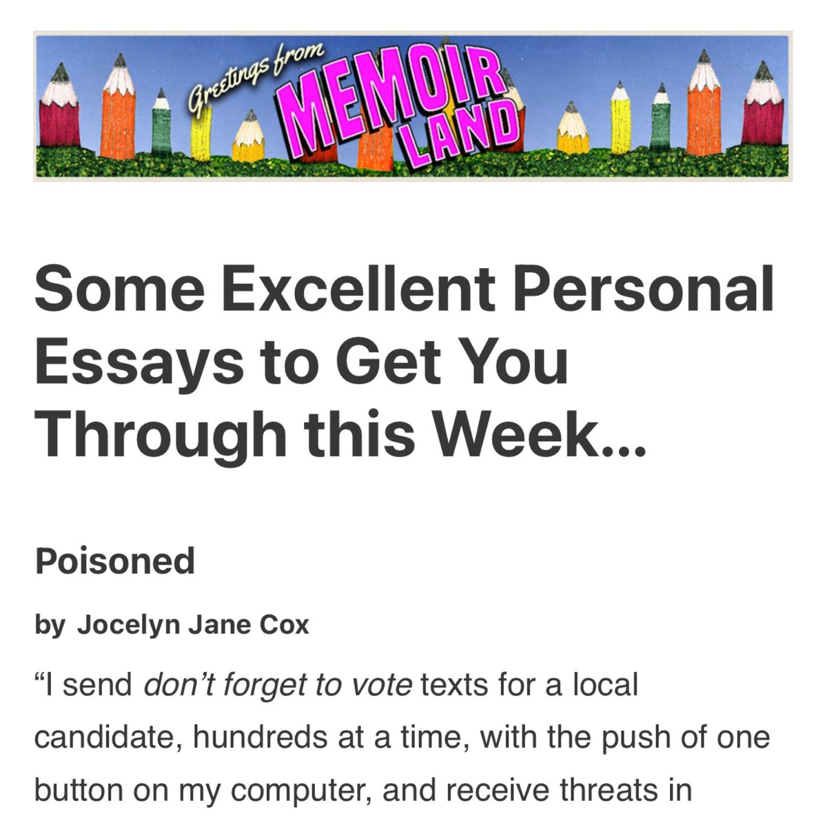 jocelynjanecox's tweet image. Honored to have this timely 😬 essay about bees, politics, and parenting amid fear on the Memoir Monday list. Thx @saribotton. This originally appeared on @RougarouJournal 
open.substack.com/pub/memoirland…