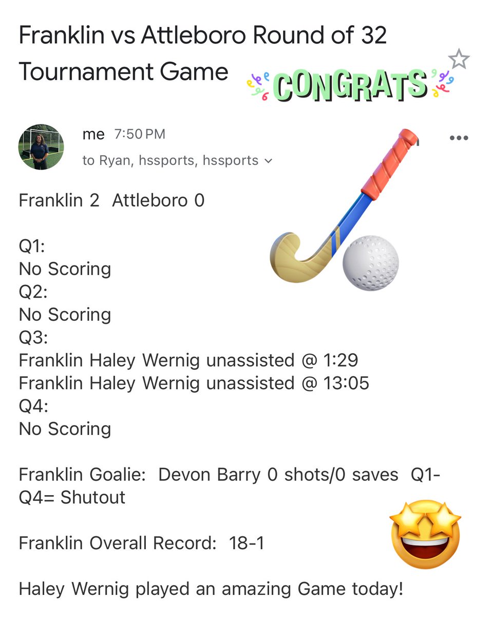 🎉🏑🤩 Whoohoo!!! So proud of our girls today!! We beat a tough Attleboro team 2-0!  Great overall team effort!! Moving on to the Sweet 16 vs Wachusett on Wednesday @ 4 Home @ the BEAV!!  Shoutout to Haley Wernig for her BEAUTIFUL goals &amp; to our Defensive Unit for the Shutout!!