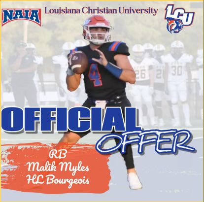 Malik8Myles's tweet photo. ALL GLORY TO GOD!!! After a awesome conversation with Coach @jai_melancon , I am very excited and blessed to receive an offer to Louisiana Christian University🧡@RecruitLouisian @G_Sportz @coacharanda @DaJuanSanders @BourgeoisFB https://t.co/M2iIMy0r9P