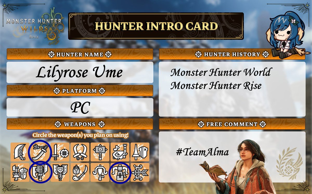 LilyroseUme's tweet photo. Looking forward to hunting with everyone when MH Wilds releases!

#MonsterHunterWilds
#TeamAlma https://t.co/6a6TQWIMYL