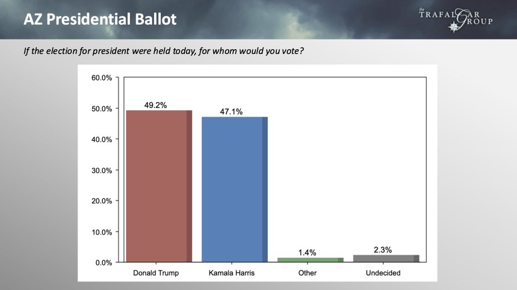 RobertCahaly's tweet photo. FINAL @trafalgar_group #BattlegroundState #AZ General Election #poll (11/01-03)
#USPresident
49.2% @realDonaldTrump
47.1% @KamalaHarris
1.4% Other
2.3% Und
#USSenate
49.0% @RubenGallego
48.5% @KariLake
2.4% Und
#AZpol
Report: https://t.co/9Gc0pj3Ked https://t.co/dmY3FnsI6U