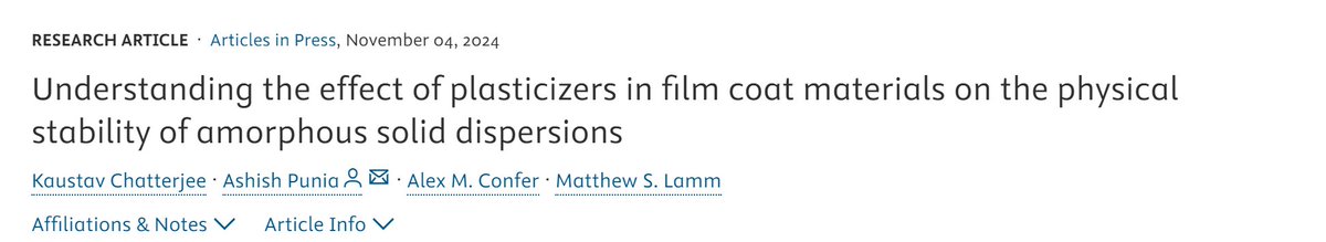 I'm excited to share my first-author publication after transitioning to industry! 🎉

💡Key Takeaway: Triacetin, as a plasticizer in oral tablet film coating, poses a greater detrimental impact on amorphous solid dispersions than PEG 3350.

Kudos to the awesome team from <a href="/Merck/">Merck</a>🙌