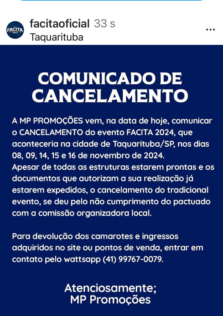 luccasep's tweet photo. Facita cancelada 4 dias antes é só mais uma amostra da excelente administração da cidade, bora apertar mais 11 aí galera 👏 https://t.co/2wXKi8AcVC