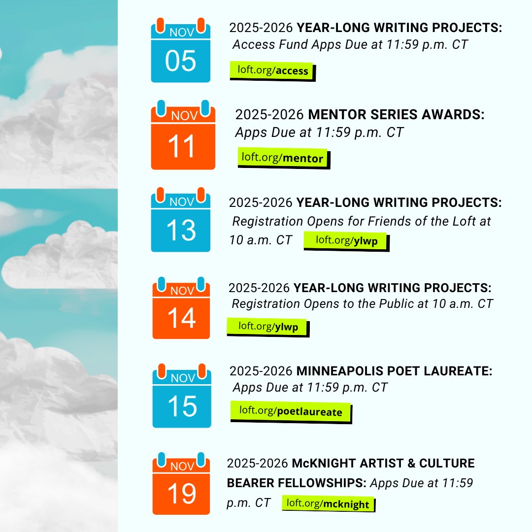 Writers, opportunities are knocking🚪👀🏆 

November is PACKED with important deadlines and dates for access funding, mentorships, writing projects, and fellowships!

Learn more and apply at loft.org 🦋🔸