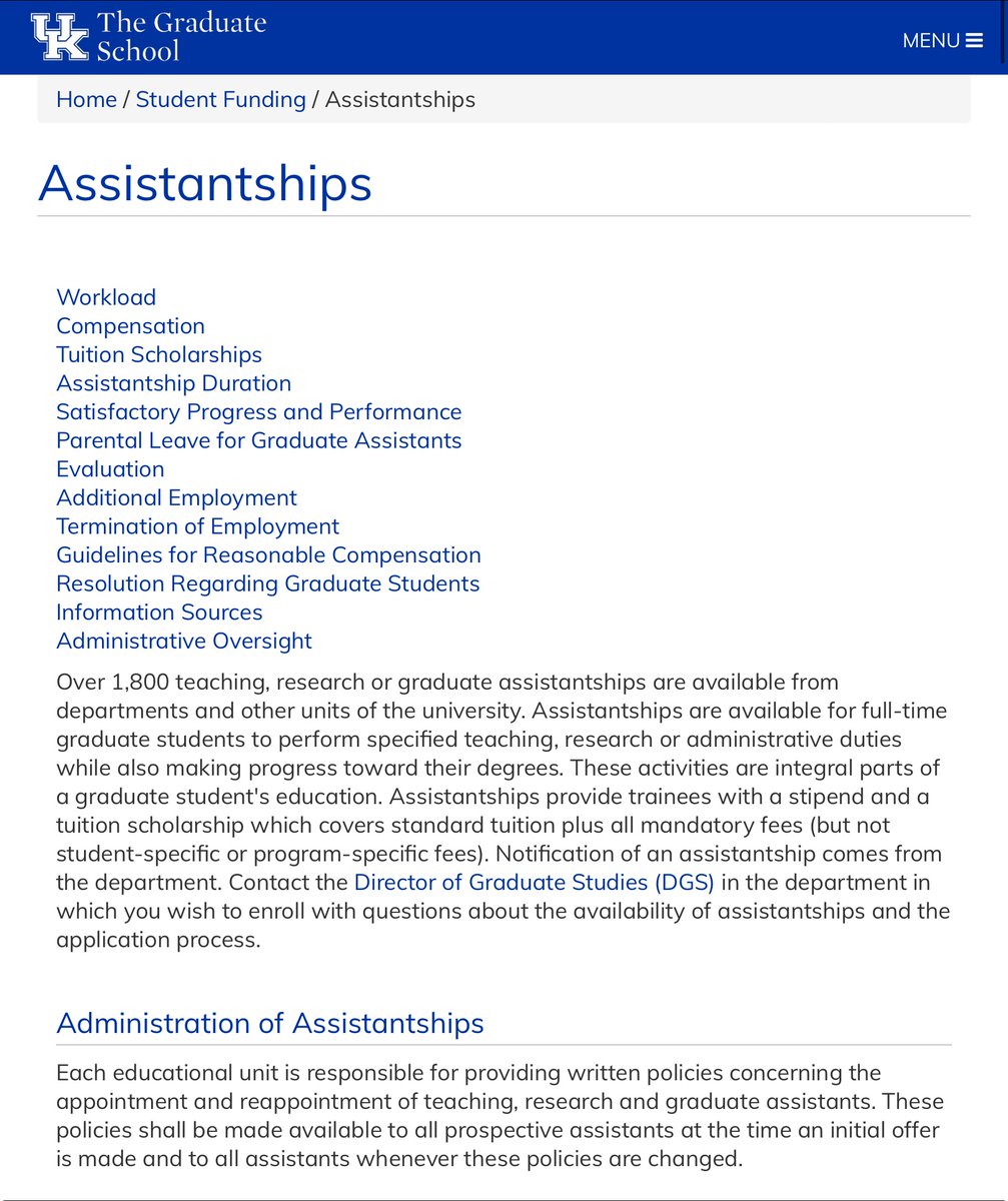 GRADUATE ASSISTANTSHIPS FOR MA &amp; PhD STUDENTS AT UNIVERSITY OF KENTUCKY, USA

Bi-weekly stipends + Partial to full tuition + Up to two weeks of parental leave + health insurance 

Deadline: January 15, 2025

If you want to know my services? CLICK--> studyabroadprep.com/shop