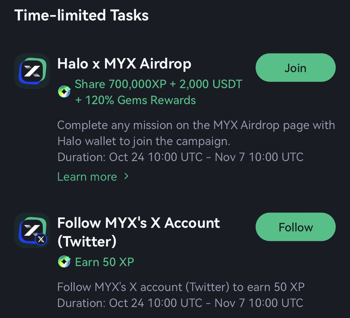 HaloDotSocial's tweet photo. ⏳ Don’t miss out! ⏳

Time-limited tasks on @MYX_Finance are live till Nov 7!

Complete them now to earn XP and boost your chances to win a share of the 2,000 USDT prize pool. 🎉

Head over to MYX and start earning today! 💪 https://t.co/6yqzhh247G