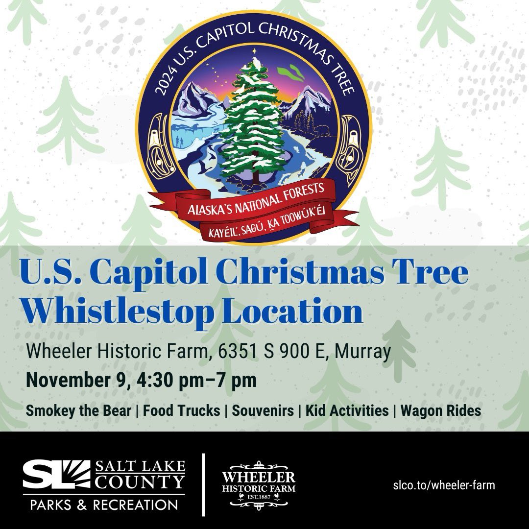 Salt Lake County Parks & Recreation (@slcoparksandrec) on Twitter photo 🎄 The <a href="/USCapitolTree/">U.S. Capitol Christmas Tree</a>, "Spruce Wayne," is stopping at Wheeler Historic Farm, 11/9, 4:30–7pm. Visit the tree on its journey from Alaska to D.C.
Enjoy Smokey the Bear, food trucks, kids' activities, wagon rides, and more! #CapitolTree #SaltLakeEvents #SLCo #PeopleParksPlay 🎄 The <a href="/USCapitolTree/">U.S. Capitol Christmas Tree</a>, "Spruce Wayne," is stopping at Wheeler Historic Farm, 11/9, 4:30–7pm. Visit the tree on its journey from Alaska to D.C.
Enjoy Smokey the Bear, food trucks, kids' activities, wagon rides, and more! #CapitolTree #SaltLakeEvents #SLCo #PeopleParksPlay