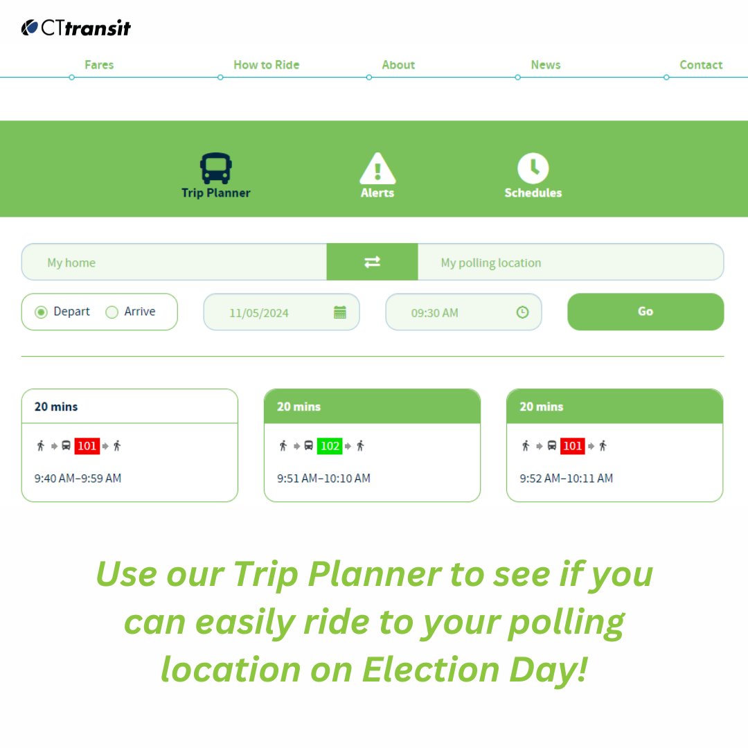 CTTRANSIT's tweet photo. Voting is a great responsibility—Make sure you have a plan.
Visit https://t.co/FUVVr8TBVo to make your voting plan to ride to the polls on Election Day.
Remember, all Connecticut polling locations are open from 6:00 am until 8:00 pm on Tuesday, November 5, 2024.
#CTtransit #ElectionDay #Vote #Connecticut