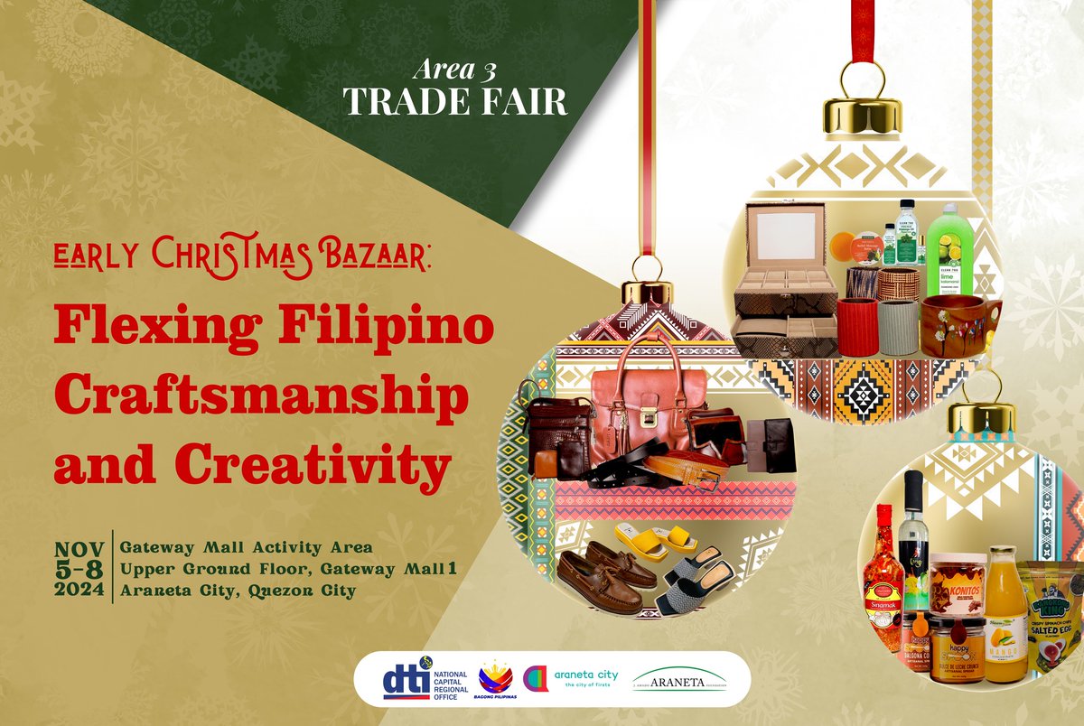 jaa_foundation's tweet photo. YOUR CHRISTMAS GIFTS DESTINATION OPENS TODAY

Shop at @DTINCR  Trade Fair!
📷November 5-8
📷Gateway Mall Activity Area

Let us celebrate &amp; promote  Filipino craftsmanship and creativity. 

This event is supported by JAAF, @AranetaCity,  and Gateway Mall.

#BuyLocal #SupportLocal https://t.co/U0HJON29bY