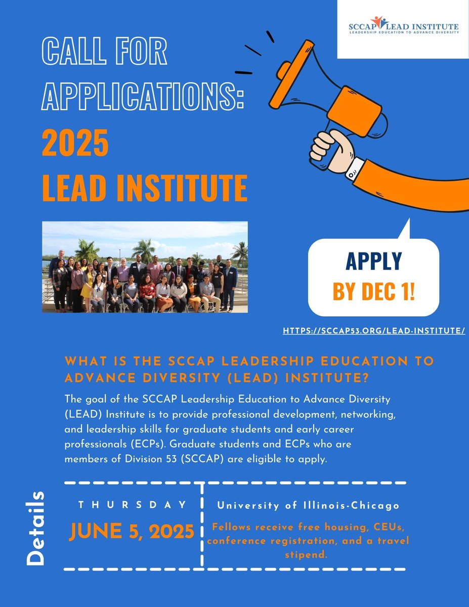 Juventinohr's tweet image. Are you a graduate student or ECP interested in developing your leadership skills? Apply for the @SCCAP53 LEAD Institute! sccap53.org/lead-institute/ @DrMLSampilo @DrEarlTurner