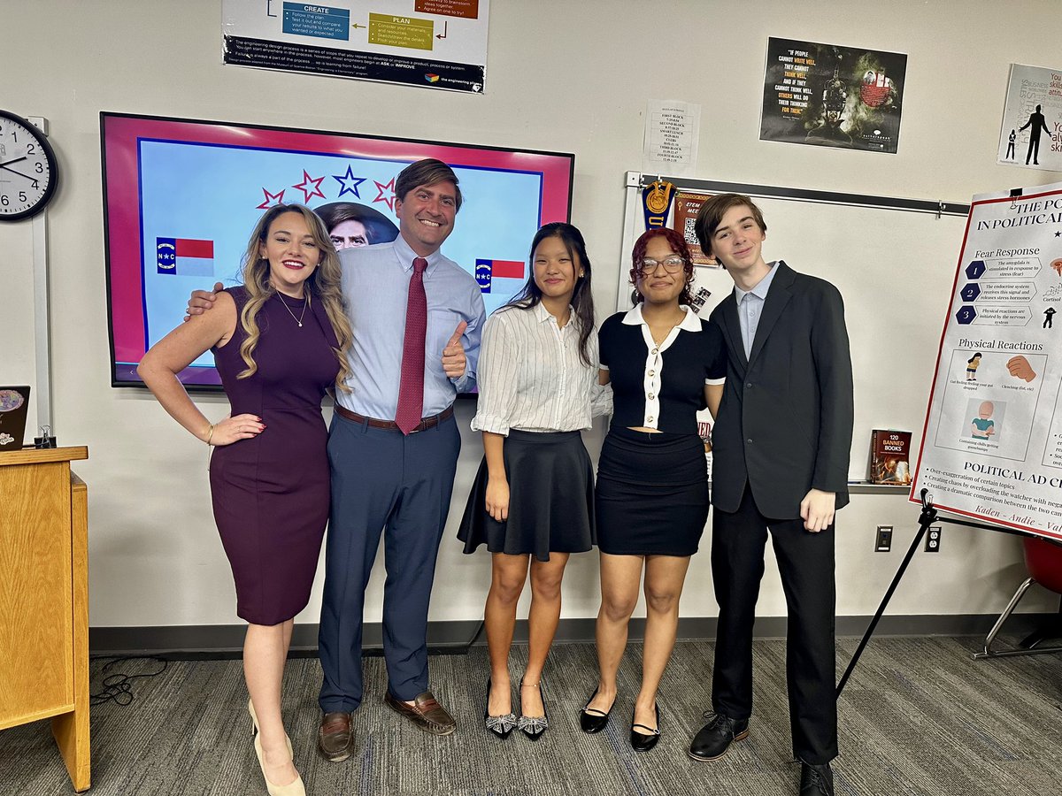 ScottRLassiter's tweet photo. TY Wake STEM HS for their project highlighting the psychology/biology behind political ad strategy. Enjoy the ad Kaden, Valerie &amp; Andie produced &amp; S/O to their teacher who I went to Apex Middle with- She even brought in our old yearbook! #ncpol #ncga #nced https://t.co/eCxthiLO1Q