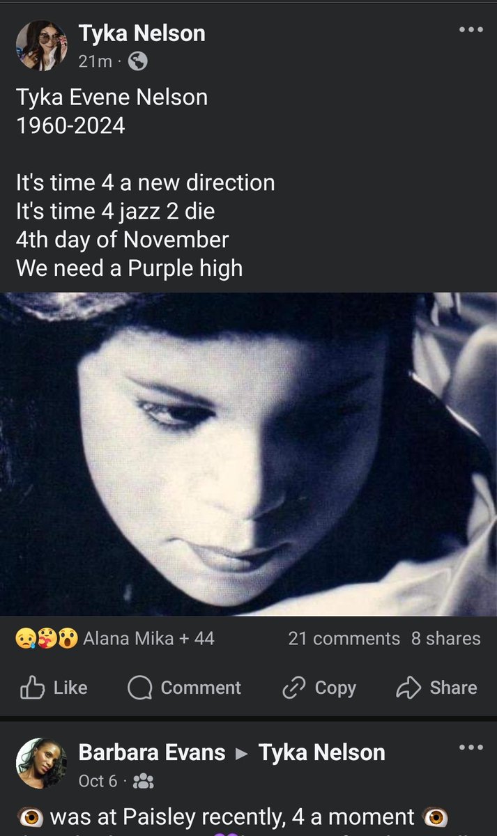 Tyka Nelson, Prince's sister has passed. It happened today i am told. Please be kind &amp; respectful. 💜💔💜