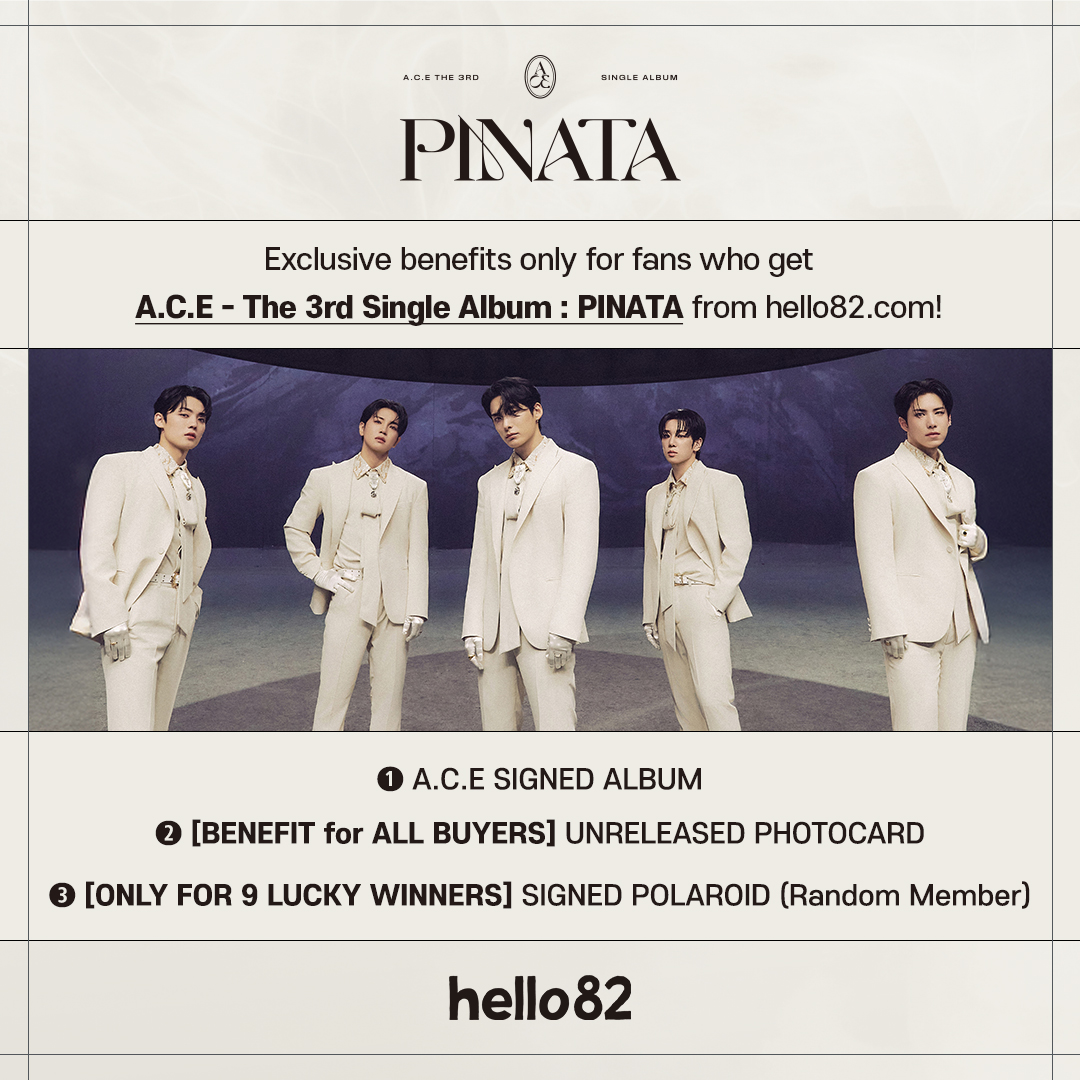 hello82shop's tweet photo. [🚨] SIGNED ALBUM ✍
A.C.E - THE 3RD SINGLE ALBUM : PINATA

🎁 hello82 Exclusive photocard (1 random of 5)
📸 Signed polaroid for 5 lucky draw winners
📅  ~While supplies last!

PRE-ORDER NOW  ⬇
🔗 https://t.co/cEJdmh4rQy

@official_ACE7
#ACE #PINATA #AcePINATA #hello82 https://t.co/l76cm4OGRh
