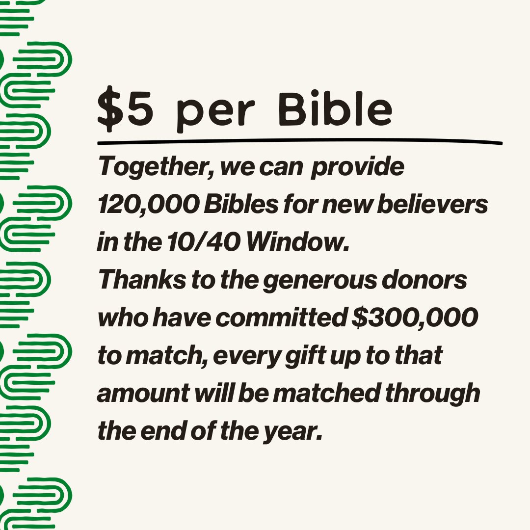 DoulosPartners's tweet image. The need for Bibles in the 10/40 Window is great. Many have no access to God’s Word. 

Providing God’s Word to new believers in their native language has been the greatest catalyst in their discipleship journey.

Give God’s Word: doulospartners.org/year-end-giving! 💚