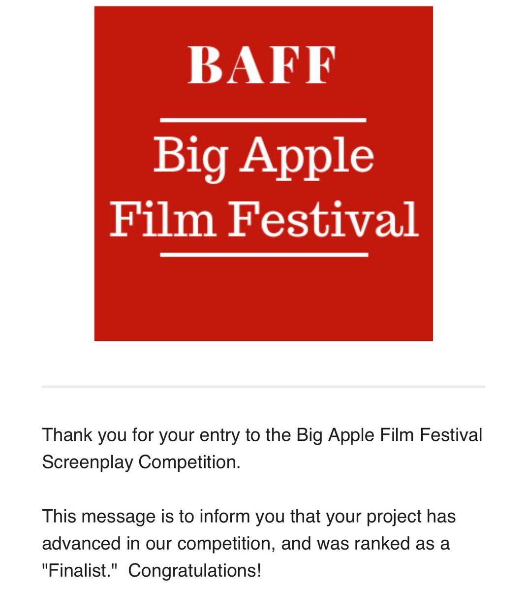 I made the Finalist list. Thank you <a href="/BigAppleFilm/">BigAppleFilmFestival</a>