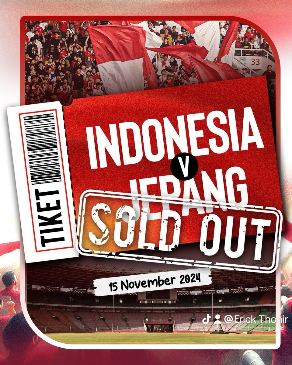 Alhamdulillah sold out 👏🏼

Terima kasih banyak atas antusiasme luar biasa untuk Timnas Indonesia. Mari bersatu dan dukung Timnas Indonesia!

Sampai bertemu di GBK! 🇮🇩🦅

#KitaGaruda #GarudaMendunia