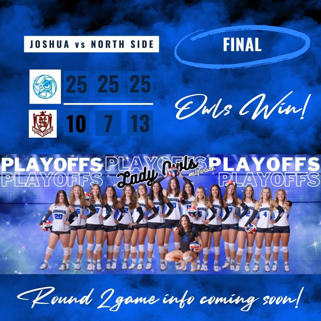 JhsOwlsvball's tweet photo. Your Lady Owls are Bi-District Champs! 🏆 💪🏼 

For Area, we will play the winner of Argyle and Chisholm Trail. 

Let’s keep rolling! 

#ALLFORONE 💙🏐🦉 https://t.co/5Obvp3HYp5