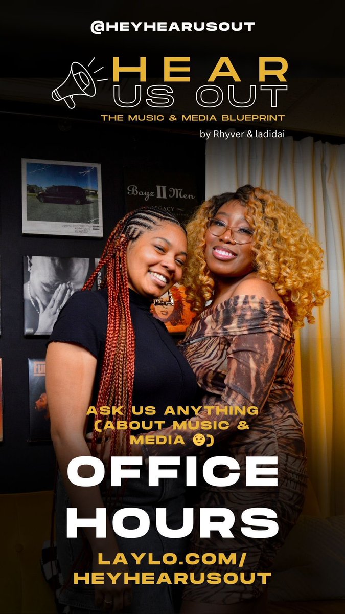 🤔 How do I figure out my brand? Monetize my music? Get a manager? Build an audience?

The #HearUsOutPodcast answers a lot of these questions but <a href="/RhyverWhite/">Rhyver ✨</a> &amp; <a href="/ladidaix/">ladidai (@ladidaix) 💋 see linkinbyeo</a> will answer your Qs here too

See you @ Office Hours! Tap in to get notified 📲➡️ laylo.com/heyhearusout