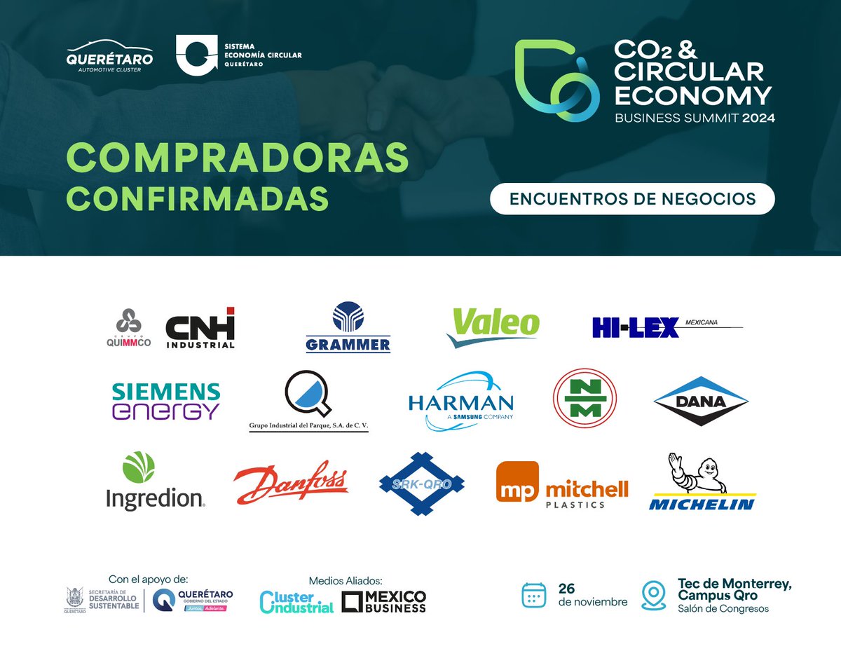 🌍 ¡Comienza la cuenta regresiva! Empresas clave se reunirán en el CO₂ &amp; Circular Economy Business Summit 2024 para impulsar la economía circular. Nos vemos el 26 de noviembre en Querétaro. ♻️ #CO2Summit #EconomíaCircular