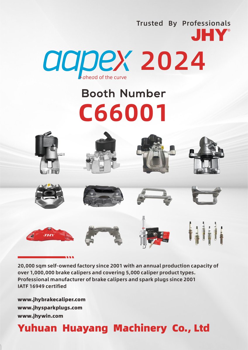 JHYBrakeCaliper's tweet photo. We are pleased to share that we will be taking part in AAPEX 2024. 

We extend a warm invitation for you to visit our exhibition at booth number C66001. https://t.co/BqALSXuWh7