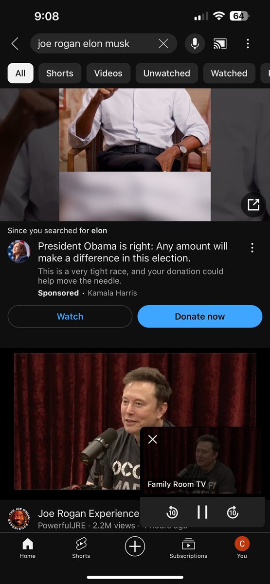Caara123's tweet photo. @joerogan @elonmusk When you search the pod on YouTube because I searched “Elon” I got a Harris ad lol https://t.co/J2wPYxX2Ht