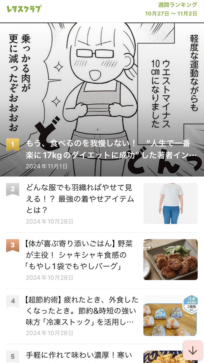 先日公開されたレタスクラブさんのダイエットに関するインタビュー記事、週間ランキングで1位✨になっていたと担当さんから画像つきでご報告いただきました💕
読んでくださった方ありがとうございます😭
https://t.co/SPbG4r9EJO