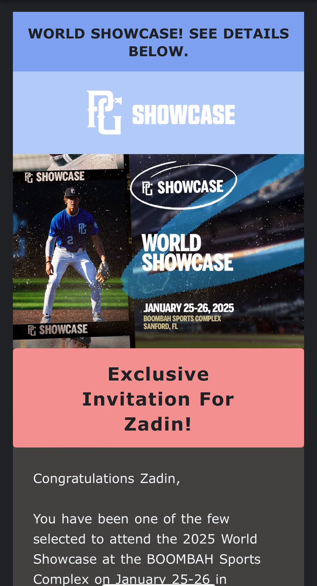 Honored to announce that I’ve  been invited to attend the PG World Showcase to compete with some of the most talented players from around the World. <a href="/WildKatBSB/">WildKat Baseball</a> <a href="/Coachgarz2/">Ramon Garza</a> <a href="/TimTadlockTTU/">Tim Tadlock</a> <a href="/fsccbaseball/">Greyhound Baseball</a> <a href="/LanceHarvell/">Coach Harv</a> <a href="/WashburnBrett/">Brett Washburn</a> <a href="/Bretttaff/">Brett Taff</a> <a href="/CoachPavlich/">Matt Pavlich</a> <a href="/wskelley99/">Will Kelley</a> @CoachG_UTA