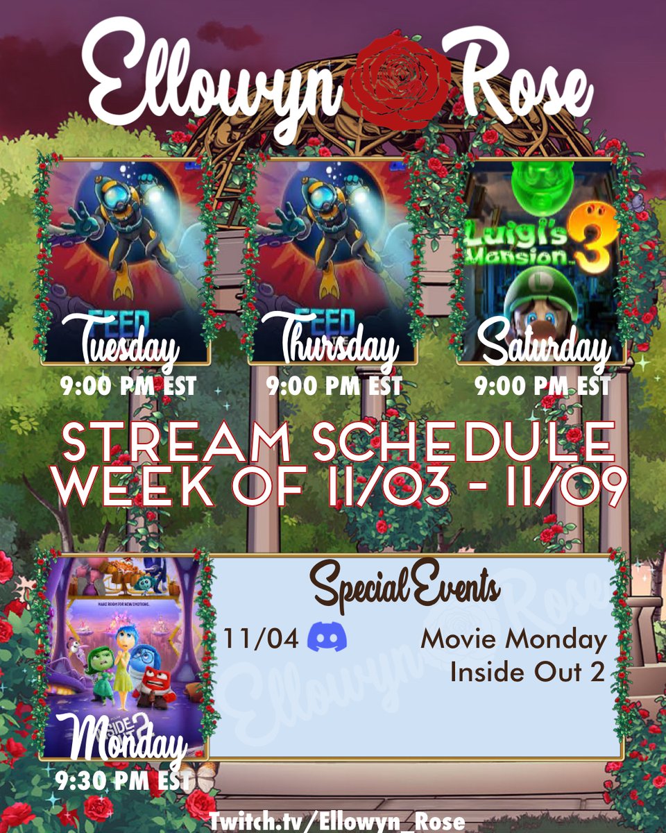 Ellowyn_Rose's tweet photo. I missed posting a schedule last week on social media though I did post one on my discord, so half win?

Mon, Nov 4, 9:30 PM EST| Movie Monday: Inside Out 2
Tue, Nov 5, 9:00 PM EST | Feed the Deep
Thu, Nov 7, 9:00 PM EST | Feed the Deep
Sat, Nov9, 9:00 PM EST |Luigi’s Mansion 3 https://t.co/nJ2fvJG0er