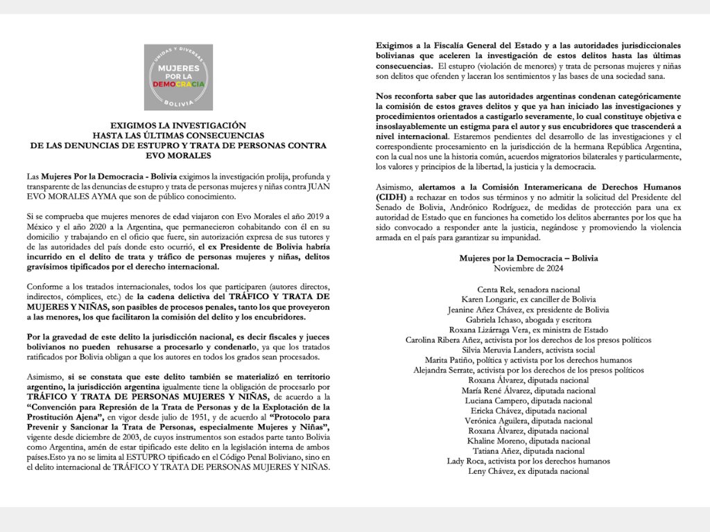 #MujeresXLaDemocracia de Bolivia exigimos la investigación profunda y transparente de las denuncias de estupro y trata de personas mujeres y niñas contra #EvoMorales que son de público conocimiento en Bolivia y Argentina.

#NoALaImpunidad
#EvoMoralesAbusador
#ElQueLasHaceLasPaga