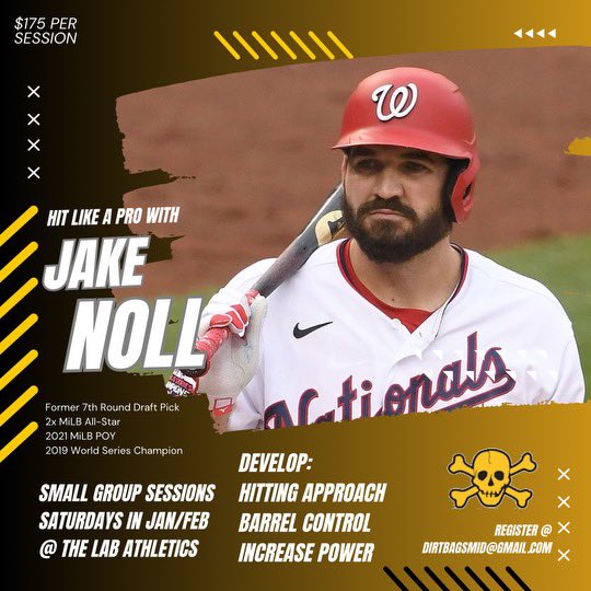 📢
Take your swing to the next level with Jake Noll ⭐️ 

Small Group Hitting
📅 January (5, 12, 19, 26)
📅 February (2, 9, 16, 23)

✅ Developing a Hitting Approach
✅ Promoting Barrel Awareness
✅ Building Stability for Increased Power

Register at dirtbagsmid.com