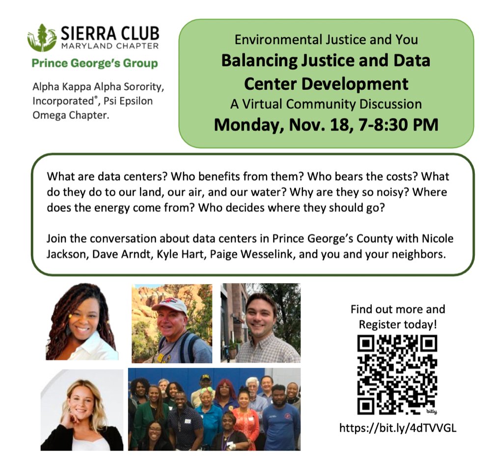 Join the Prince George's County Sierra Club on for a discussion on data centers and their impact on our community. Regional experts will explain how data centers operate &amp; their environmental impacts. Register at act.sierraclub.org/events/details…

Share with your networks! #ClimateJustice