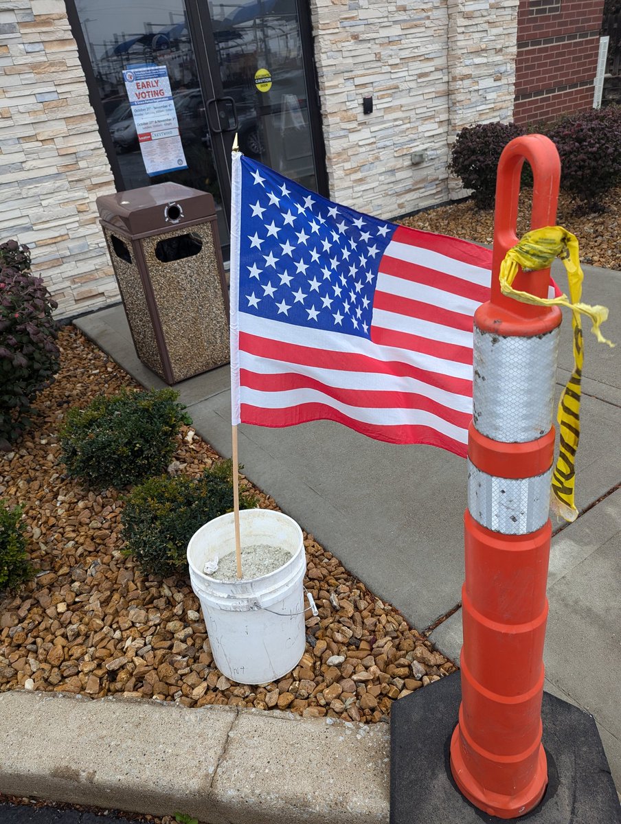 I saw the most possible Chicago style polling place this morning. 

It had an American flag held in place by a bucket of rock salt. 

#Chicago #Vote2024 #electionday2024 
#ElectionDay