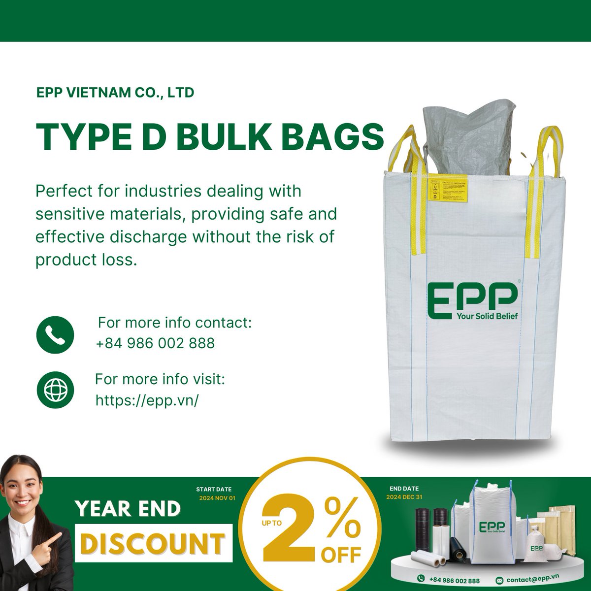 EppFibc's tweet image. 🌟 Discover the Benefits of Type D Bulk Bags! 🌟  
🌐 Website: epp.vn  - 📲 +84 986 002 888 - contact@epp.vn #TypeDBulkBags #FIBC #PackagingSolution #QualityService #antistaticbigbags #antistaticbulkbags #antistaticFIBC #typedfibc
