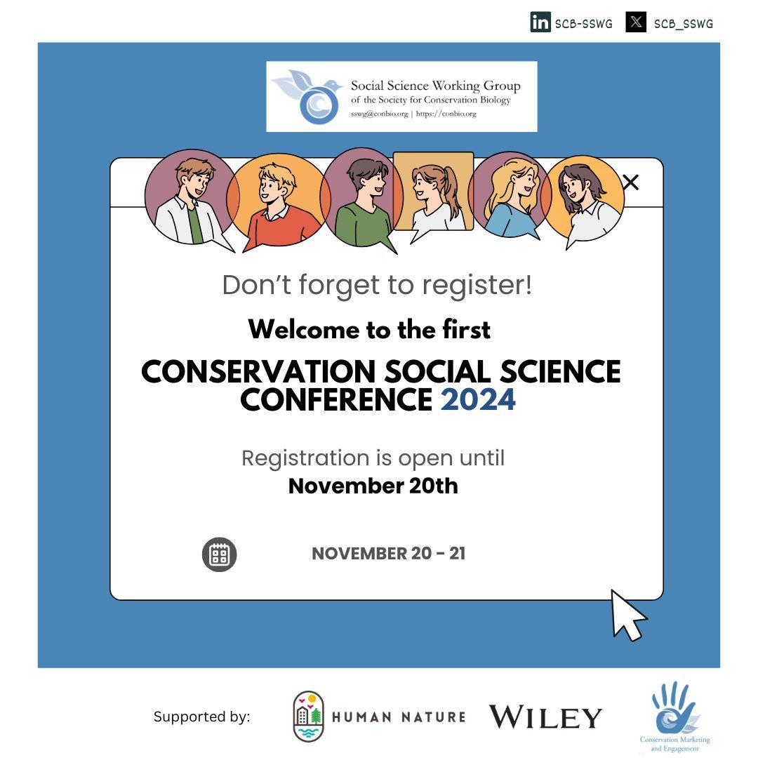 🚨 Registration Deadline Extended! You now have until Nov. 20 to register for the Conservation Social Science Conference! Join us for the two days of #ConSocSci knowledge sharing and discussions! #SSWG
Register here: buff.ly/3Trmv2h