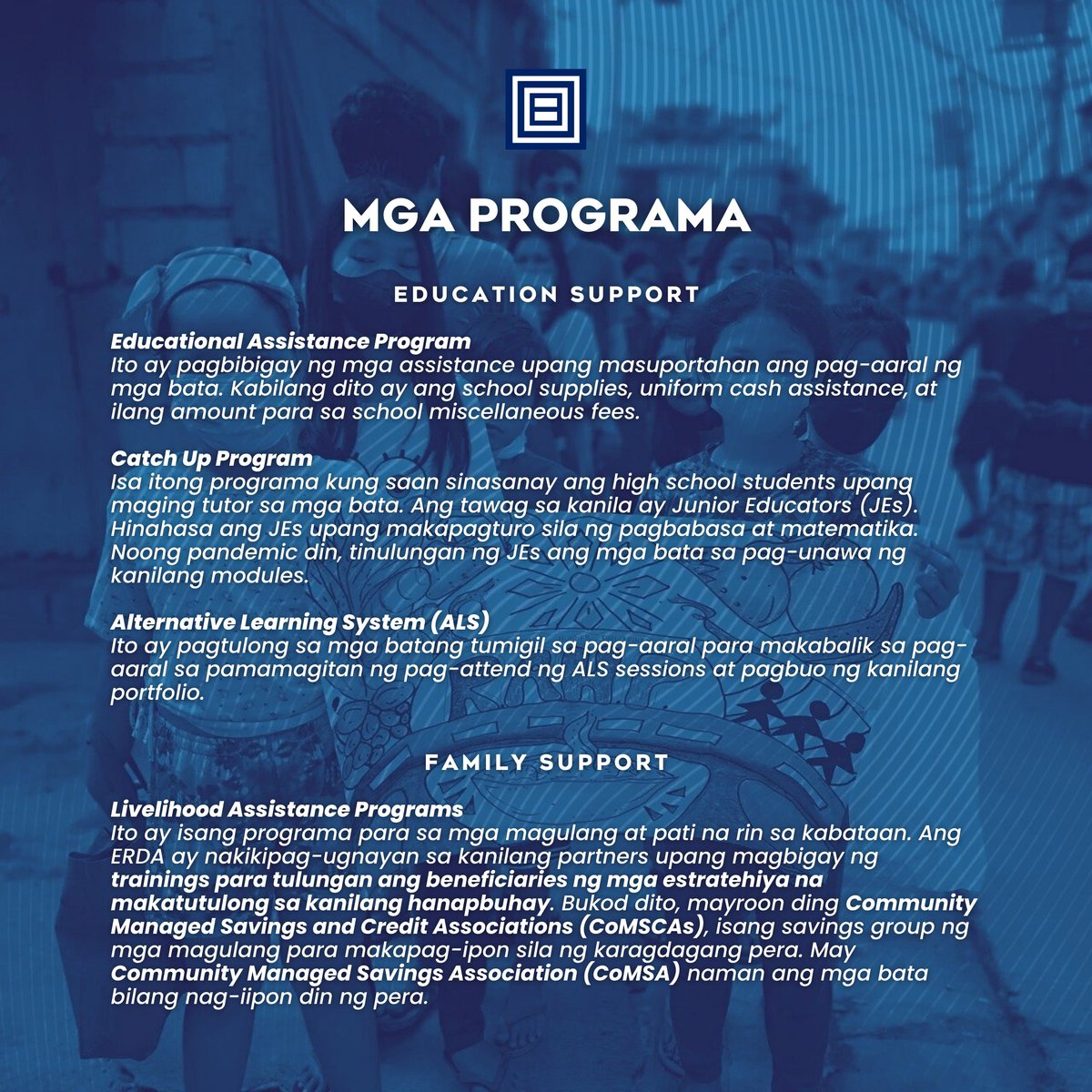 upedsoc's tweet photo. Sa ika-35 anibersaryo ng UP Education Society, makakasama ng organisasyon ang Educational Research and Development Assistance (ERDA) Foundation, Inc. sa paparating na community service. Kilalanin natin ang ERDA Foundation, Inc.—kasama ang kanilang layunin at mga programa. https://t.co/LThb0z3k41