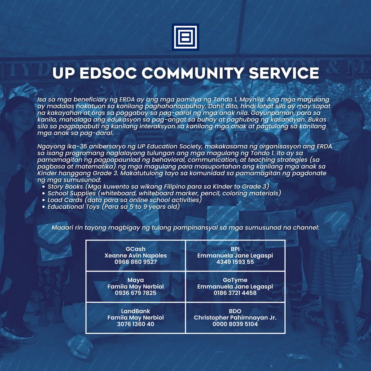 upedsoc's tweet photo. Sa ika-35 anibersaryo ng UP Education Society, makakasama ng organisasyon ang Educational Research and Development Assistance (ERDA) Foundation, Inc. sa paparating na community service. Kilalanin natin ang ERDA Foundation, Inc.—kasama ang kanilang layunin at mga programa. https://t.co/LThb0z3k41