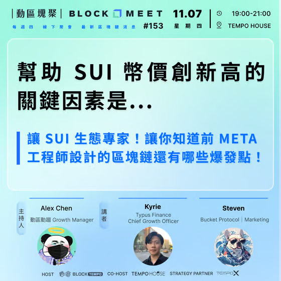 p3nchan's tweet photo. 🎙️ Sui 實體活動資訊：由 @BlockTempo 主辦動區塊聚，跟著 Sui 生態前輩一起探討吧！ 🔍

📅 11/07 19:00-21:30
📍 Tempo House（台北市中山區建國北路二段12號）

#更多資訊請看下方
#blockmeet #sui #defi #typus #bucket https://t.co/BRRNuq6d72