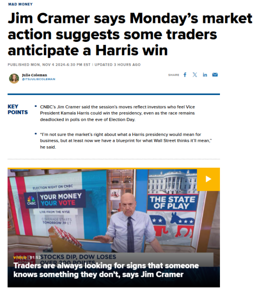 Barchart's tweet photo. Mass Panic in the Harris Campaign after Jim Cramer suggests the market is anticipating a Harris victory 🚨🚨 https://t.co/i2S26KusKT